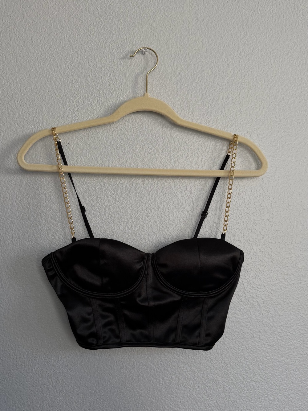 Black Satin Bustier Top with Gold Chain Straps